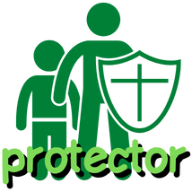 an image of two figures in green, one standing in front and holding a shield, with the text "protector" over it